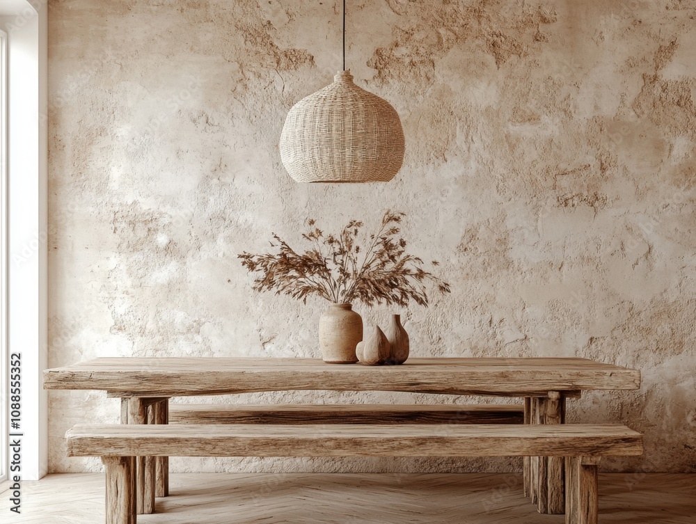 Obraz premium A wooden table with two benches and a vase of flowers on it