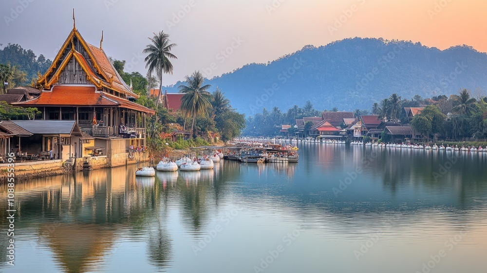 Serene river landscape with traditional architecture at sunset. Serene river landscape with traditional architecture at sunset.