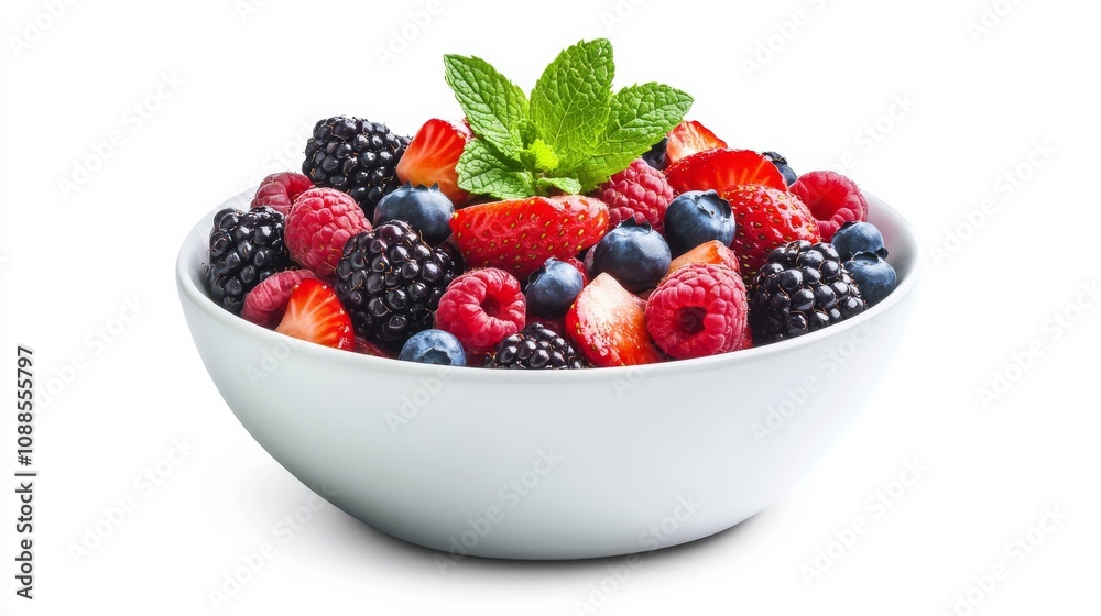 A refreshing bowl of mixed berry salad with strawberries, blueberries, raspberries A refreshing bowl of mixed berry salad with strawberries, blueberries, raspberries