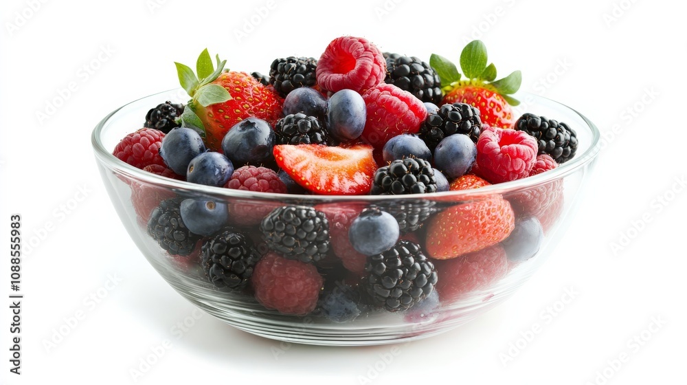 A refreshing bowl of mixed berry salad with strawberries, blueberries, raspberries A refreshing bowl of mixed berry salad with strawberries, blueberries, raspberries