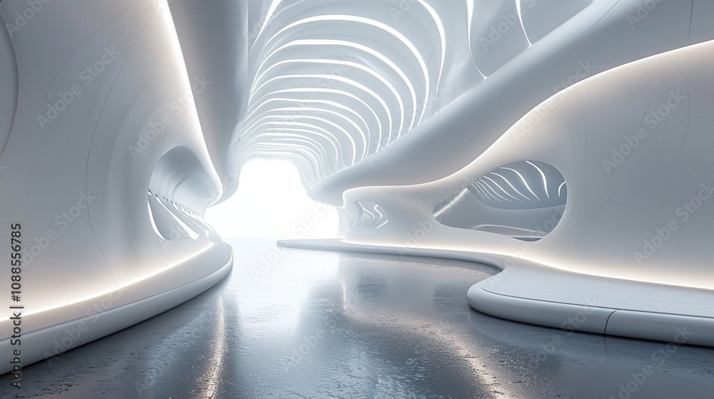 Fototapeta premium Futuristic Abstract 3D Room: Pulsating Light Tunnel and Floating Tech Elements