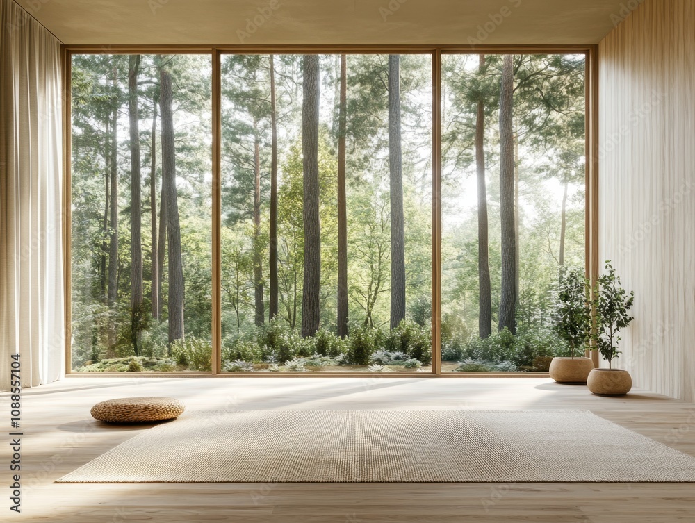 Fototapeta premium A large window in a room with a view of trees