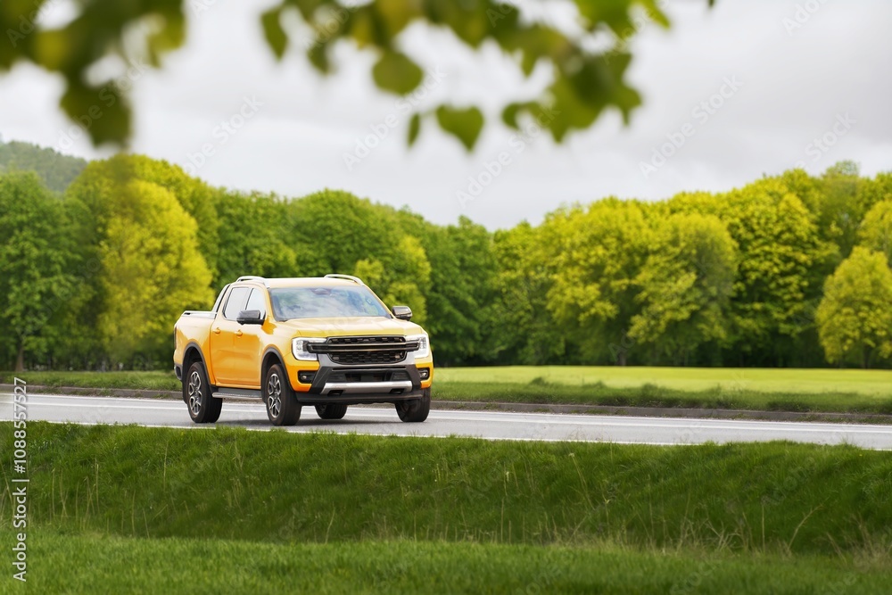 Orange pickup truck cruising along a rural road against a dramatic sunset sky