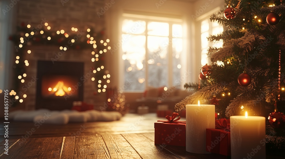 A Christmas tree decorations and candles on thetable and background is a warm living room decorated for Christmas with a fireplaceand large windows. A Christmas tree decorations and candles on thetable and background is a warm living room decorated for Christmas with a fireplaceand large windows.