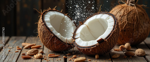 A large coconut is cut open and has white milk splattered all over it. The image has a playful and fun mood, as the milk splatters look like a playful explosion photo