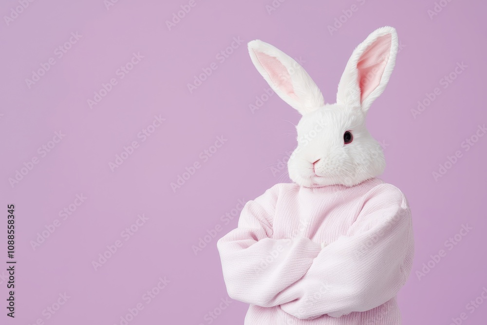 A whimsical bunny character dressed in a soft pink outfit against a pastel purple background, exuding charm and playfulness. A whimsical bunny character dressed in a soft pink outfit against a pastel purple background, exuding charm and playfulness.