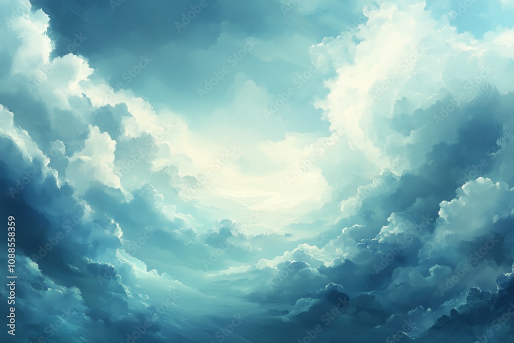 Naklejka premium Dramatic cloudscape in blue and white tones, serene and atmospheric sky scene
