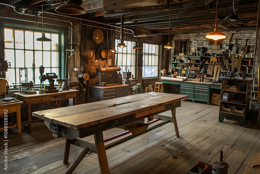Retro woodworking shop from the mid-century era, featuring aged wooden workbenches, vintage power tools, and period-specific design touches for an authentic, historical ambiance. Retro woodworking shop from the mid-century era, featuring aged wooden workbenches, vintage power tools, and period-specific design touches for an authentic, historical ambiance.