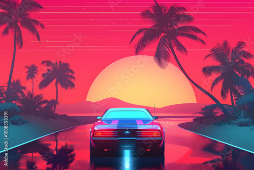 Retro 80s style illustration with a neon-colored convertible cruising towards a vibrant sunset, surrounded by palm trees and gradient sky for ultimate summer vibes photo