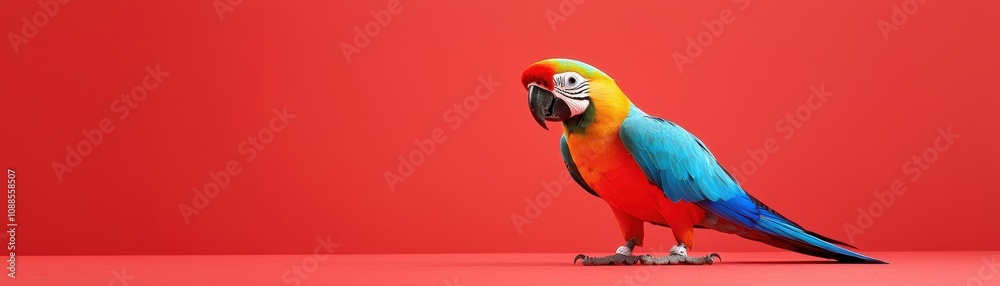 Obraz premium A colorful parrot stands against a vibrant red background, showcasing its bright plumage and striking features.