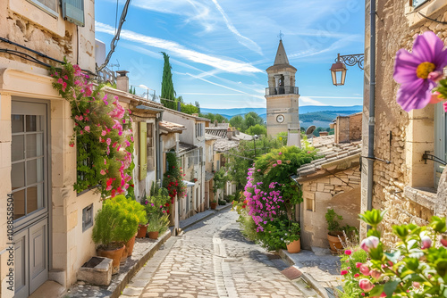 Fototapeta Naklejka Na Ścianę i Meble -  Scenic old town in Provence with stone buildings, alleys, and flowers under a sunny sky.
