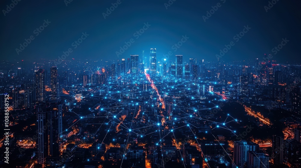 Fototapeta premium Futuristic city with smart infrastructure, 5G connectivity, and interconnected IoT devices