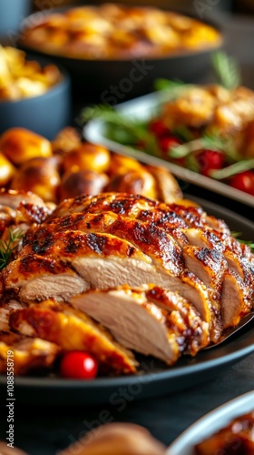 Juicy roasted chicken served with cherry tomatoes and seasonal vegetables on a festive dining table