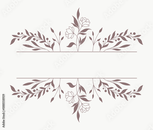 Decorative Floral Border Vector Design Images, Title Name Border flower Hand Draw Decoration, Name Border, leaf Hand Draw. flower frame with brown flowers. Hand drawn mono line floral background.