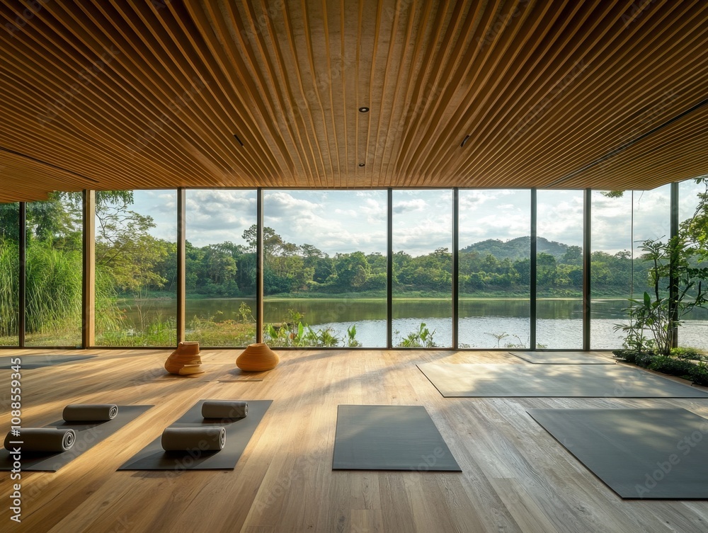 Fototapeta premium A yoga studio with a view of a lake