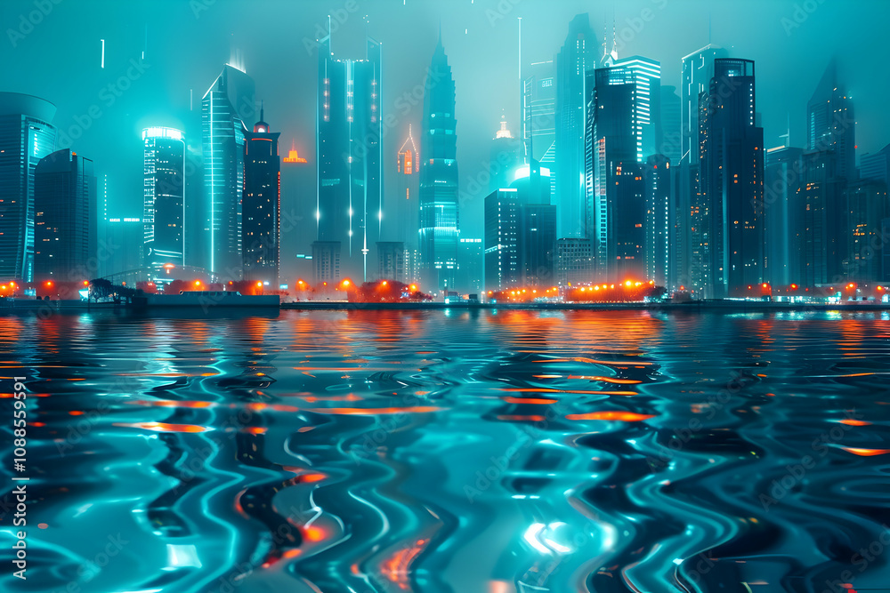 Fototapeta premium Vibrant teal neon waves ripple through a futuristic cityscape at twilight, reflecting off sleek glass buildings and shimmering in the misty night air