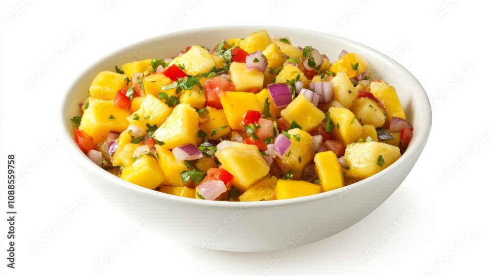 A refreshing bowl of mixed tropical fruit salsa with diced pineapple, mango, papaya A refreshing bowl of mixed tropical fruit salsa with diced pineapple, mango, papaya