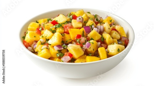 A refreshing bowl of mixed tropical fruit salsa with diced pineapple, mango, papaya