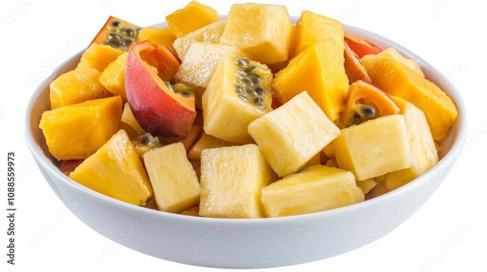 A refreshing bowl of tropical fruit medley with papaya, pineapple, mango A refreshing bowl of tropical fruit medley with papaya, pineapple, mango