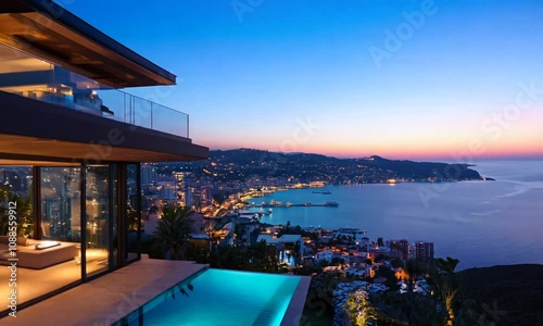 Modern house with a swimming pool and a beautiful view of the city and ocean at night.