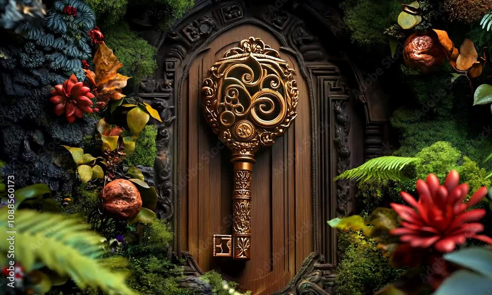 Ornate golden key on wooden frame surrounded by greenery. Ornate golden key on wooden frame surrounded by greenery.