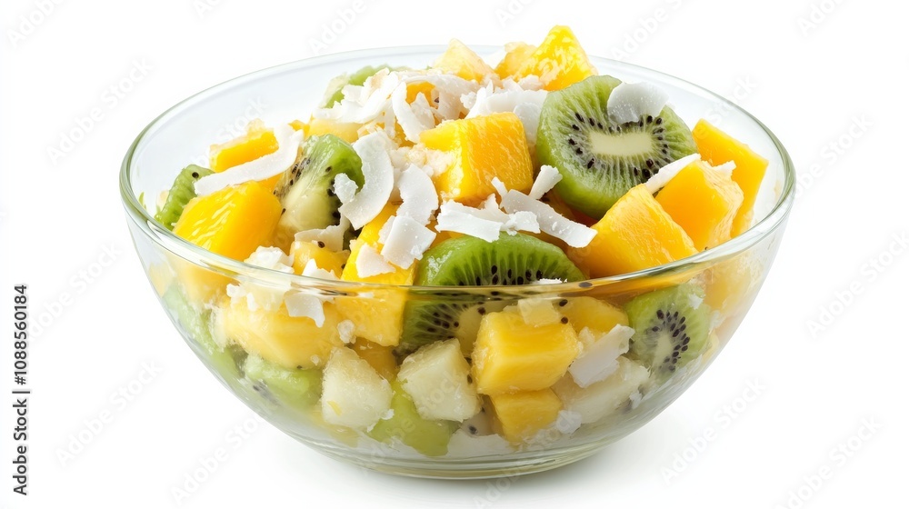 A refreshing bowl of tropical fruit salad with diced mango, pineapple, kiwi A refreshing bowl of tropical fruit salad with diced mango, pineapple, kiwi