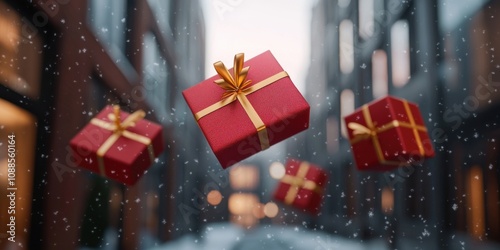 Festive gift-giving celebration urban street holiday imagery winter wonderland aerial view joyful spirit photo