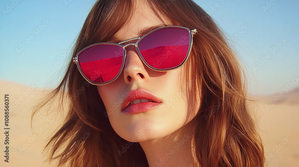 A young woman with long brown hair wearing pink mirrored sunglasses looks out at the desert landscape. A young woman with long brown hair wearing pink mirrored sunglasses looks out at the desert landscape.
