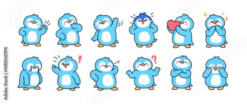 Cute kawaii penguins set. Happy, sad, shy, crying and love emotions, expressions. Adorable baby bird, animal characters with funny faces. Kids flat vector illustration isolated on white background