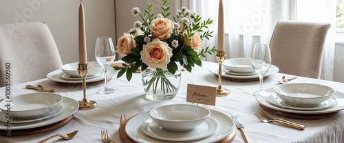 A table with a white tablecloth and a vase of flowers in the center. There are four wine glasses and four forks on the table. The table setting is elegant and inviting, with a sense of warmth