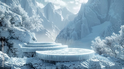 Intricate Ice Podium for Winter Product Showcase in Mountainous Scene photo