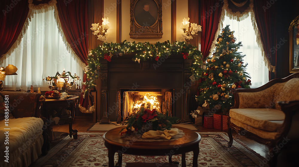 A traditional living room adorned with festive garlands, a crackling fire, and a centerpiece of seasonal flowers on the table A traditional living room adorned with festive garlands, a crackling fire, and a centerpiece of seasonal flowers on the table