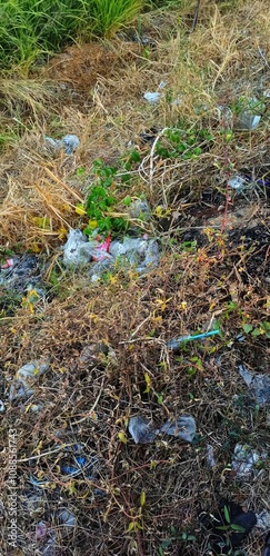 Sidoarjo, Indonesia. August 28 2024. trash scattered on the roadside grass photo