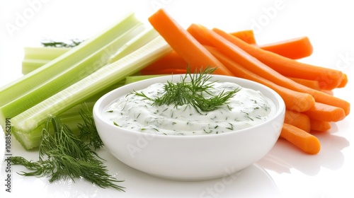 A refreshing cucumber and dill yogurt dip served with crunchy carrot sticks and celery, Each dip smooth and tangy, Set against an isolated white background to accentuate its cooling effect 