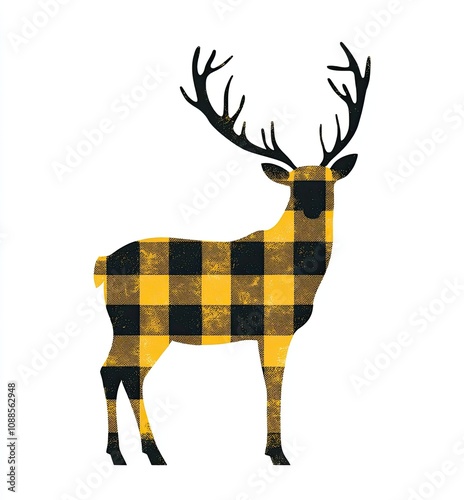 Plaid Deer Silhouette with Antlers, Stylized deer silhouette with large antlers in a rustic yellow and black plaid pattern, perfect for woodland or holiday themes.

 photo