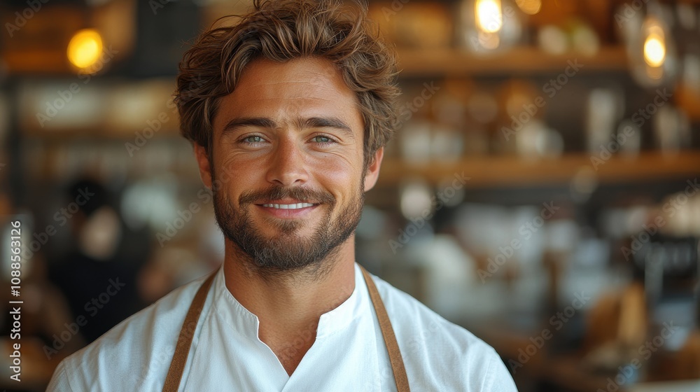 Fototapeta premium Young man looking at the camera with a bright smile while wearing a white apron in a cozy cafe. Male entrepreneur embodying success, hospitality, and small business owner vibes
