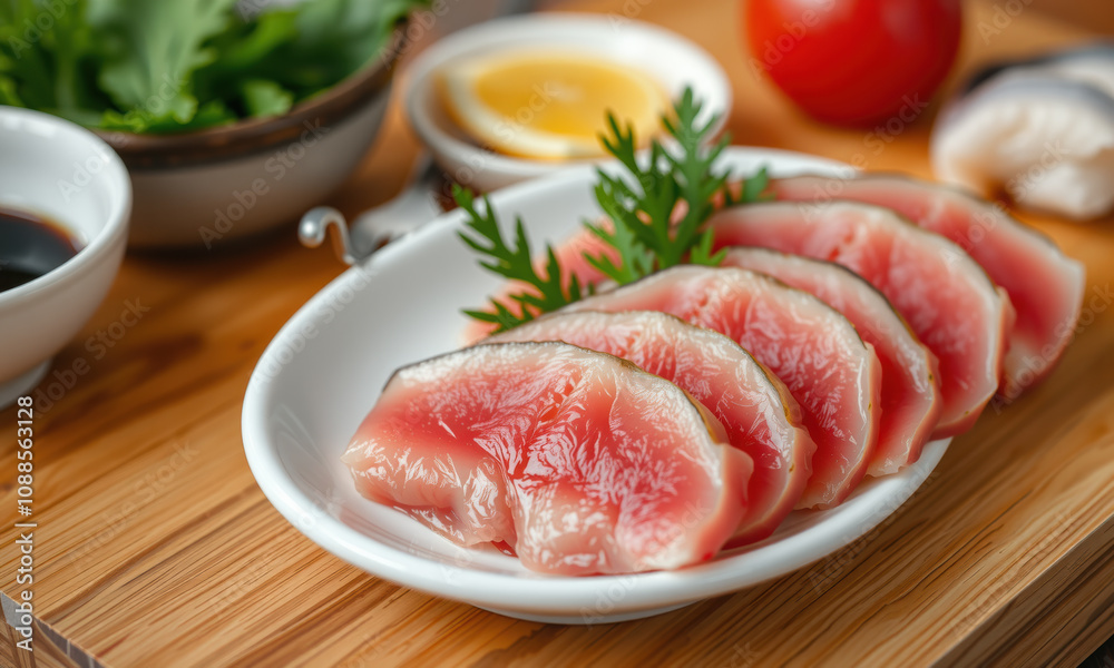 Fresh tuna sashimi served on white plate, garnished with herbs, surrounded by lemon, tomato, and soy sauce, creating vibrant and appetizing presentation Fresh tuna sashimi served on white plate, garnished with herbs, surrounded by lemon, tomato, and soy sauce, creating vibrant and appetizing presentation