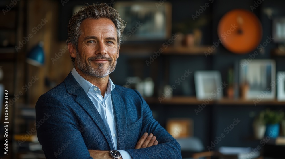 Happy confident mature 45-year-old business man investor standing in office looking away. Middle-aged rich business owner male CEO executive leader wearing suit at work thinking on future success Happy confident mature 45-year-old business man investor standing in office looking away. Middle-aged rich business owner male CEO executive leader wearing suit at work thinking on future success
