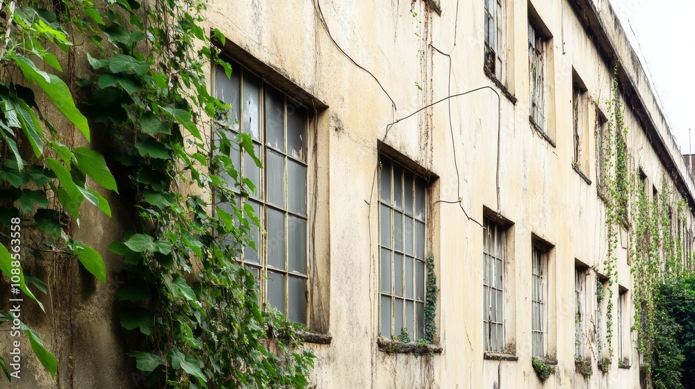 Fototapeta premium Neglected Industrial Structure Overgrown with Ivy, Serene Blue and Green Tones, Industrial Decay Aesthetic.