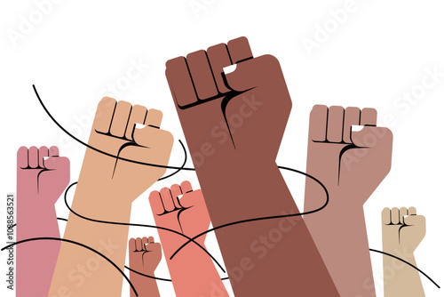 Illustration of raised fists of various skin tones symbolising strength and resistance
