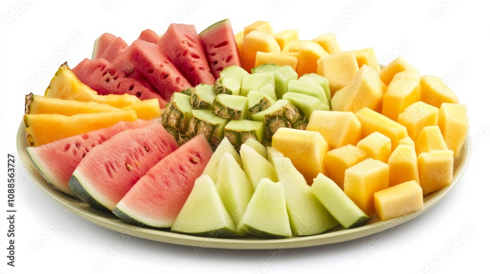 A refreshing fruit platter featuring a variety of sliced fruits such as watermelon, cantaloupe, honeydew A refreshing fruit platter featuring a variety of sliced fruits such as watermelon, cantaloupe, honeydew