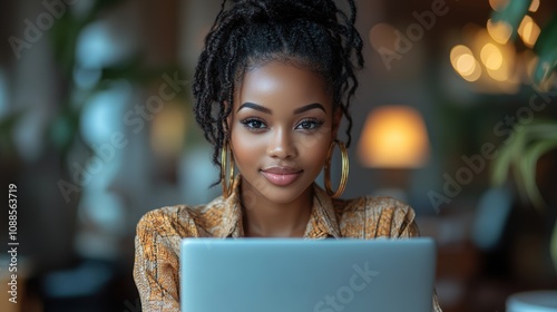 Fototapeta Naklejka Na Ścianę i Meble -  Busy African business woman using laptop working in corporate office. Young businesswoman corporate executive at work, professional female company HR or bank manager looking at computer