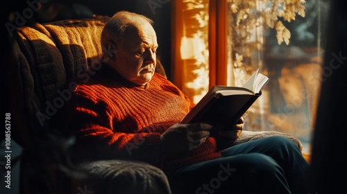 Elderly man in cozy armchair holding book with thoughtful expression, symbolizing brain aging concept in serene atmosphere. 