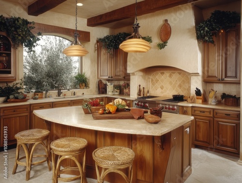 A kitchen with a large island and a stove