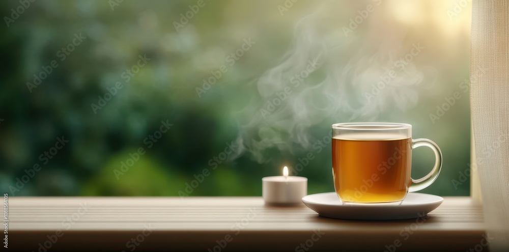 Cozy nights with tea by a foggy window, candlelight creating a romantic atmosphere. Cozy nights with tea by a foggy window, candlelight creating a romantic atmosphere.