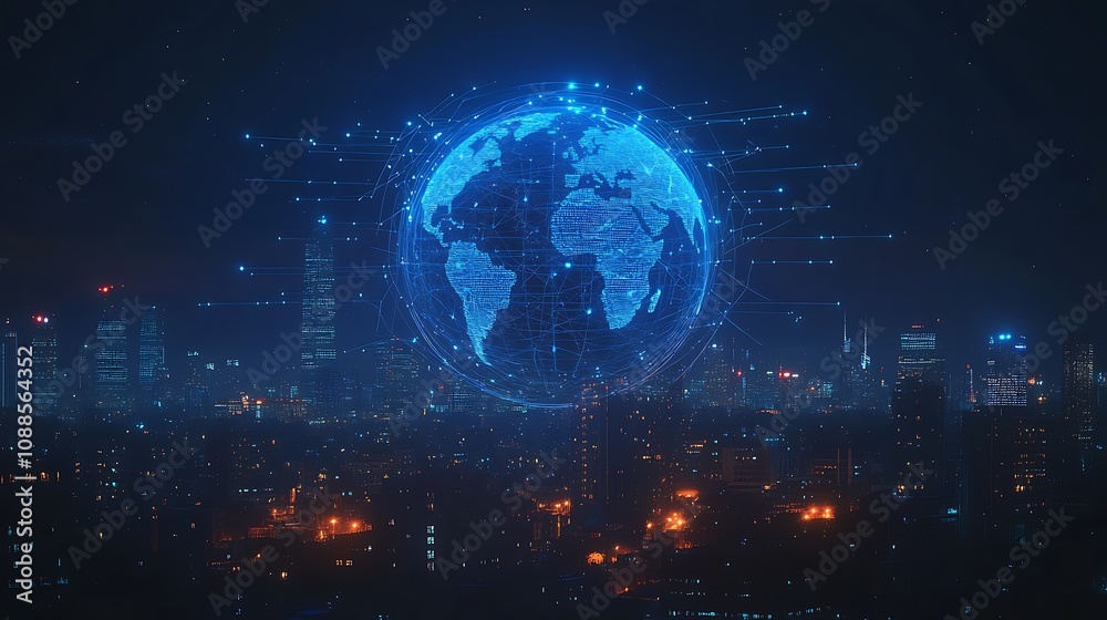 Obraz premium Blue digital globe surrounded by lines of data planet earth, Technology network planet
