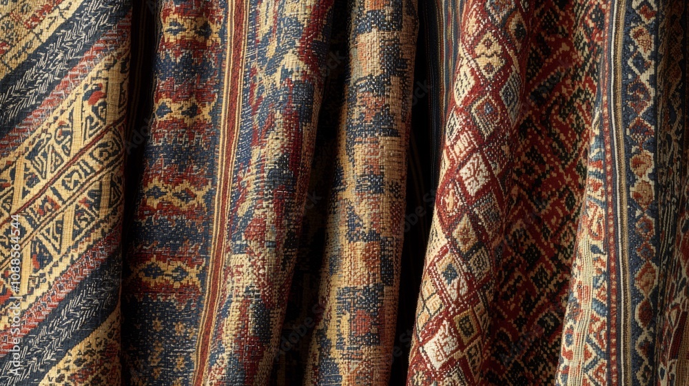 Vibrant Mesopotamian Textiles: Richly Colored Patterns in a Shop Display Vibrant Mesopotamian Textiles: Richly Colored Patterns in a Shop Display
