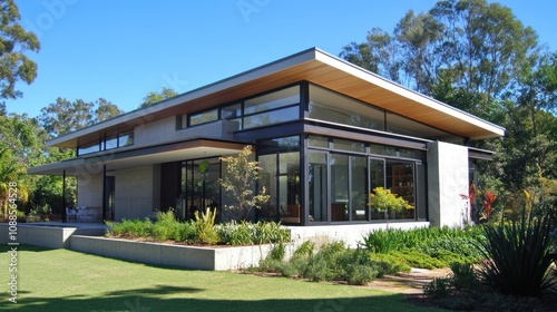 Modern home with flat roof, clean concrete and glass design, minimalist garden 