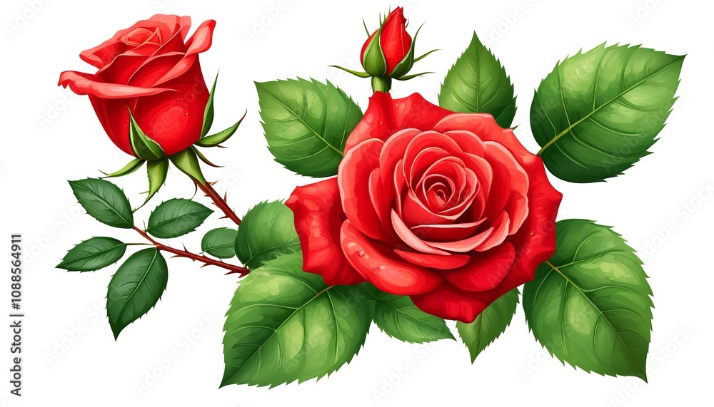 Naklejka premium Vibrant red roses and lush green leaves on white background