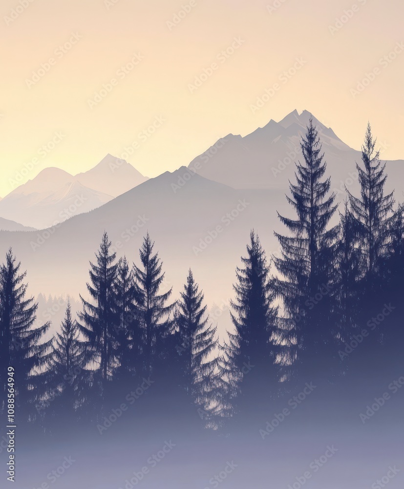 Misty Mountain Peaks and Forest Silhouette Misty Mountain Peaks and Forest Silhouette